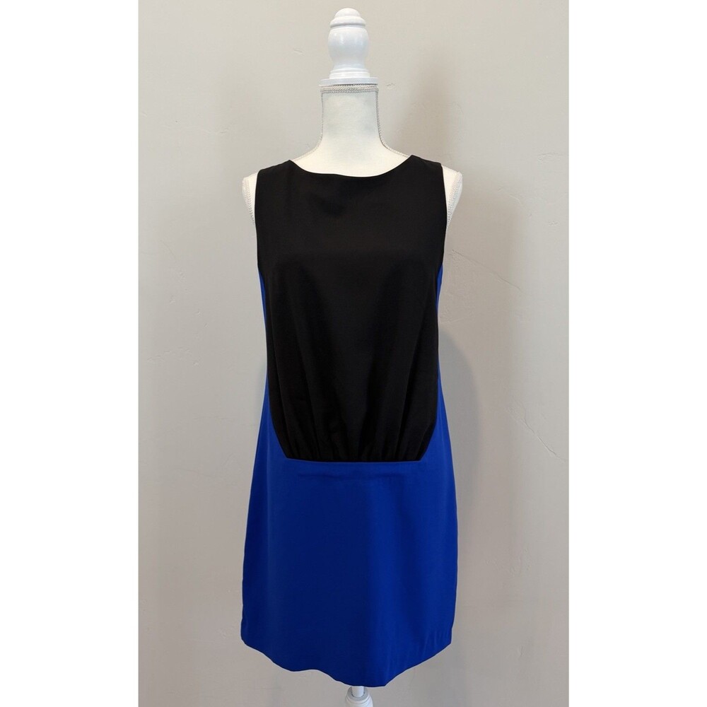 CELINE Silk Color Block Minimalist Shift Dress Women’s M Blue Black Sleeveless
